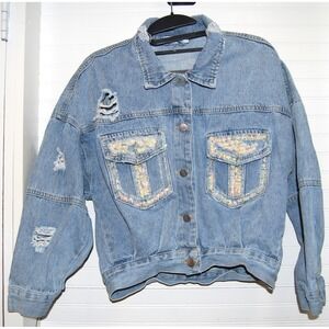 Women's‎ Jean Jacket size Medium Embellished Mal Ojo Cropped 3/4 sleeves